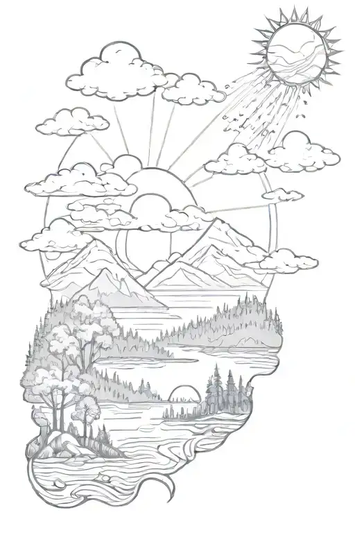 sun with rays coming out with clouds and a forest scene with animals and a lake with mountains  tattoo design idea