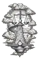 balance scale with clouds around and a staircase leading tattoo design idea