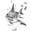Design a tattoo showcasing an ironman triathlon athlete swimming with sharks and jellyfish in a vibrant and dynamic style. tattoo design idea