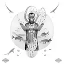 Design a tattoo showcasing an ironman triathlon athlete swimming with sharks and jellyfish in a vibrant and dynamic style. tattoo design idea