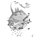 Design a tattoo showcasing an ironman triathlon athlete swimming with sharks and jellyfish in a vibrant and dynamic style. tattoo design idea