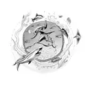 Design a tattoo showcasing an ironman triathlon athlete swimming with sharks and jellyfish in a vibrant and dynamic style. tattoo design idea