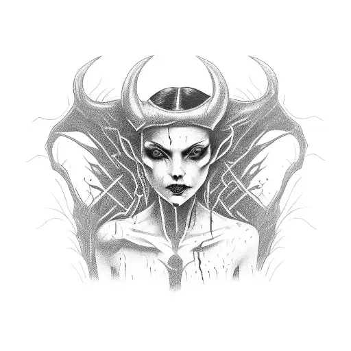 Dark Horror Woman Creepy With Demon Horns and Black dripping down from her eyes and black hair tattoo design idea