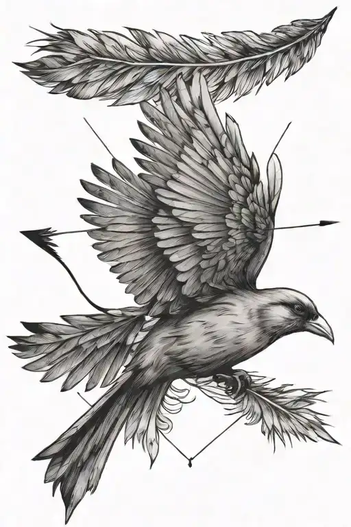 a bird falls with an arrow in its heart, feathers flying tattoo design idea