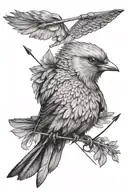 a bird falls with an arrow in its heart, feathers flying tattoo design idea