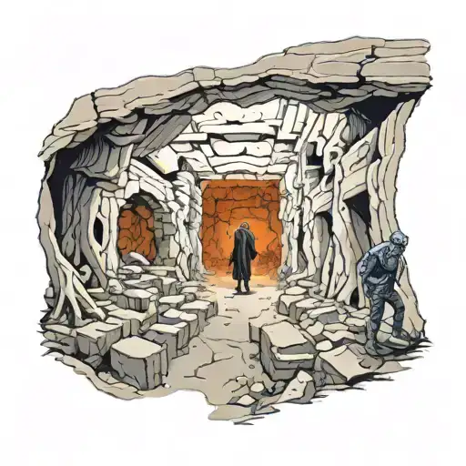 A haunting depiction of ghostly figures wandering through abandoned underground quarries tattoo design idea