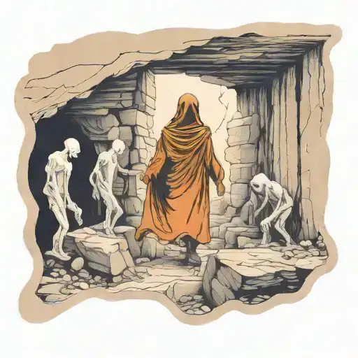 A haunting depiction of ghostly figures wandering through abandoned underground quarries tattoo design idea
