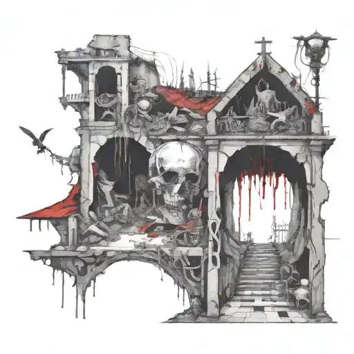 A map of underground catacombs with eerie skeletons and ancient symbols tattoo design idea