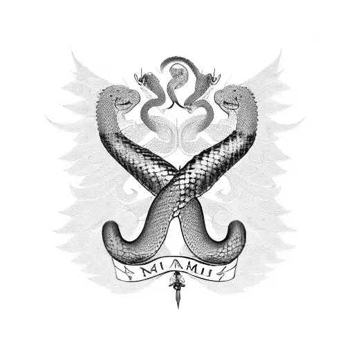 family crest with a snake as main animal. crown on the snake head. last name is Minasoglu. motto is never give up tattoo design idea