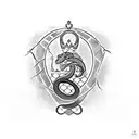 family crest with a snake as main animal. crown on the snake head. last name is Minasoglu. motto is never give up tattoo design idea