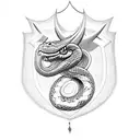 family crest with a snake as main animal. crown on the snake head. last name is Minasoglu. motto is never give up tattoo design idea