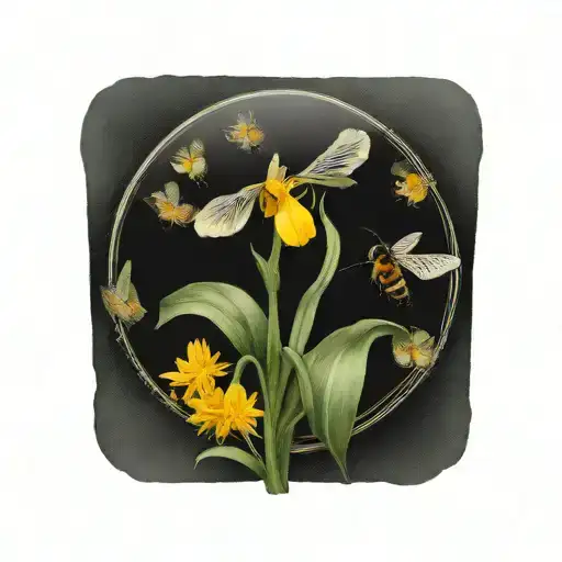 iris and dandelion in a circle with a very small bee  tattoo design idea