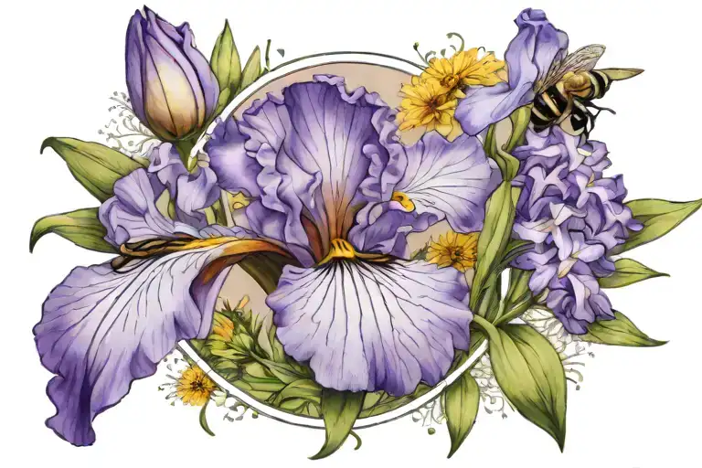 purple iris, dandelion and bee in a circle tattoo tattoo design idea