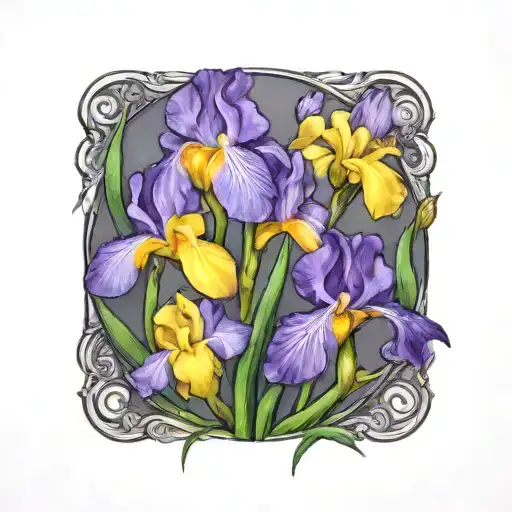 purple iris and dandelion in a circle  tattoo design idea