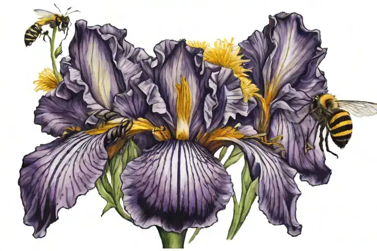 purple iris, dandelion and bee tattoo design idea