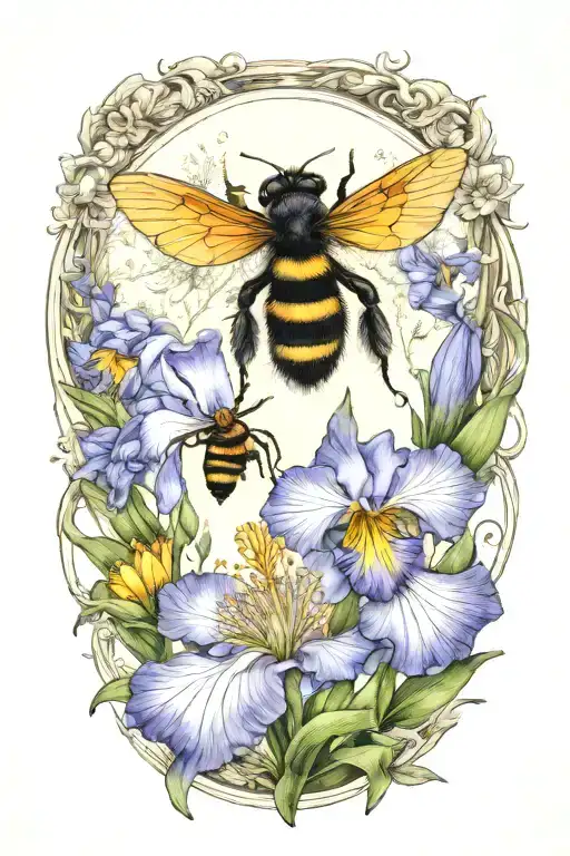 iris  and dandelion in a circle with a small bee tattoo design idea