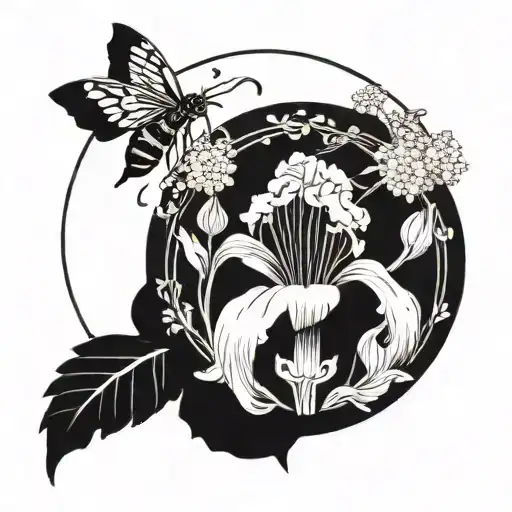 iris and dandelion in a circle with a small bee  tattoo design idea