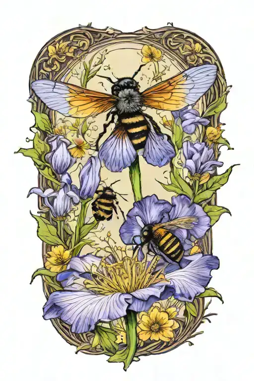 iris  and dandelion in a circle with a bee tattoo design idea