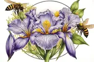 purple iris, dandelion and bee in a circle tattoo tattoo design idea
