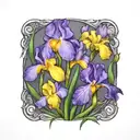 purple iris and dandelion in a circle  tattoo design idea
