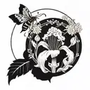 iris and dandelion in a circle with a small bee  tattoo design idea