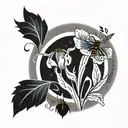 iris and dandelion in a circle with a small bee  tattoo design idea
