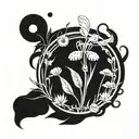 iris and dandelion in a circle with a small bee  tattoo design idea