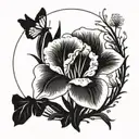 iris and dandelion in a circle with a small bee  tattoo design idea