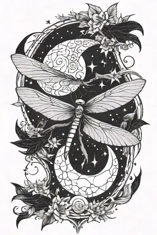 dragonfly moon and star crow soaring tattoo design idea