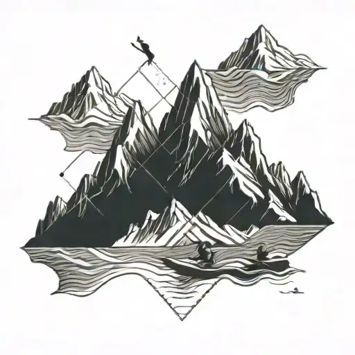someone skiing on a mountain, below a person in a sailing boat, blew a person in a canoe tattoo design idea