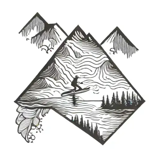 someone skiing on a mountain, below a person in a sailing boat, blew a person in a canoe tattoo design idea