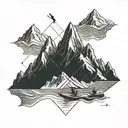 someone skiing on a mountain, below a person in a sailing boat, blew a person in a canoe tattoo design idea