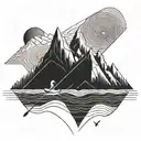 someone skiing on a mountain, below a person in a sailing boat, blew a person in a canoe tattoo design idea