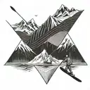someone skiing on a mountain, below a person in a sailing boat, blew a person in a canoe tattoo design idea