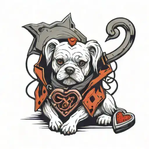 Maltese dog eats human heart in cyberpunk style tattoo design idea