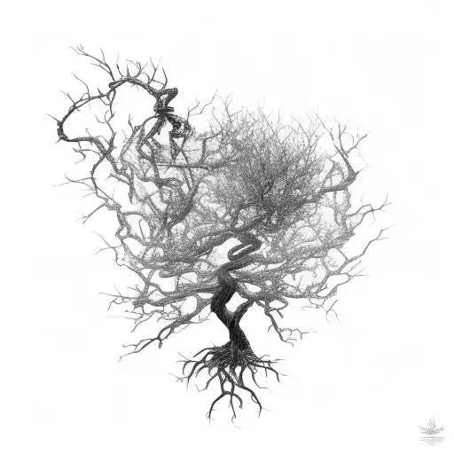 A tree with roots and branches merging into a balancing scale tattoo design idea
