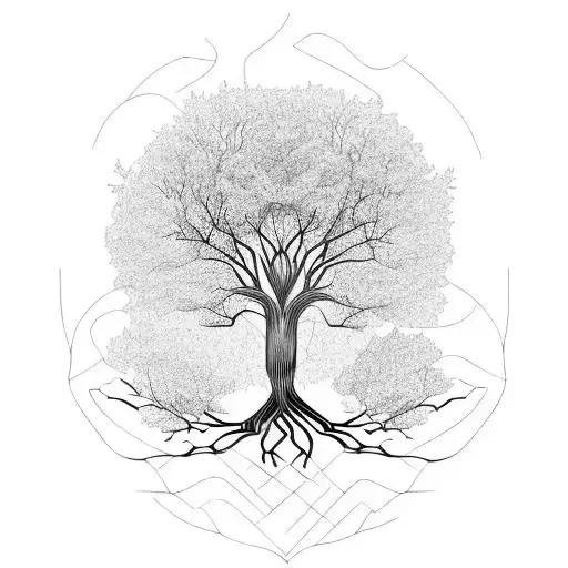 A tree with roots and branches merging into a balancing scale tattoo design idea
