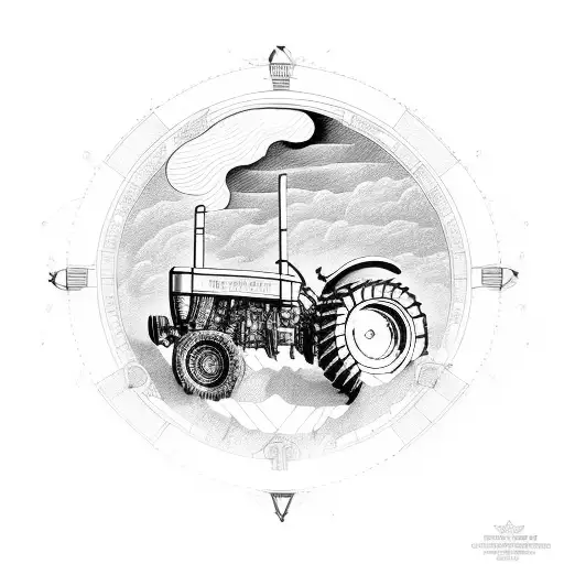tractor in background with stairs leading to heaven and bells and chains and USA  tattoo design idea