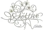 the word "SCHOTZIE" in cursive flowers on either side, roots all coming together underneath word tattoo design idea