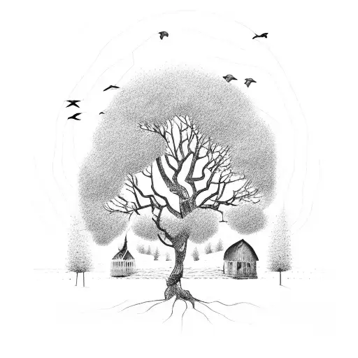 tree with birds and a decrepod barn tattoo design idea