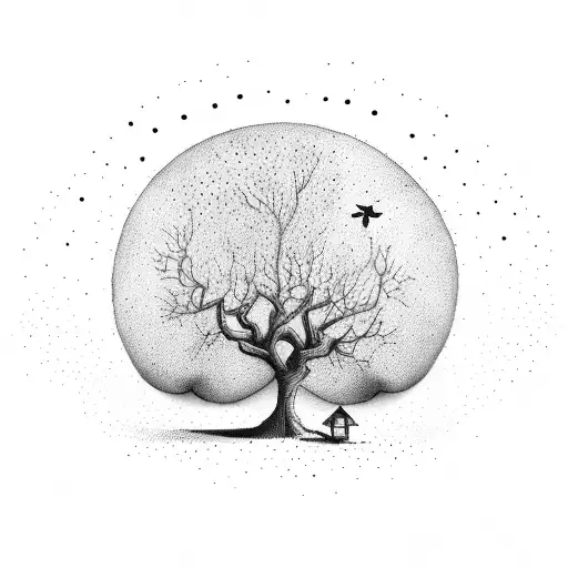 decrepid tree with birds and an old barn tattoo design idea