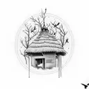 tree with birds and a decrepod barn tattoo design idea