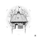 tree with birds and a decrepod barn tattoo design idea