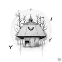 tree with birds and a decrepod barn tattoo design idea