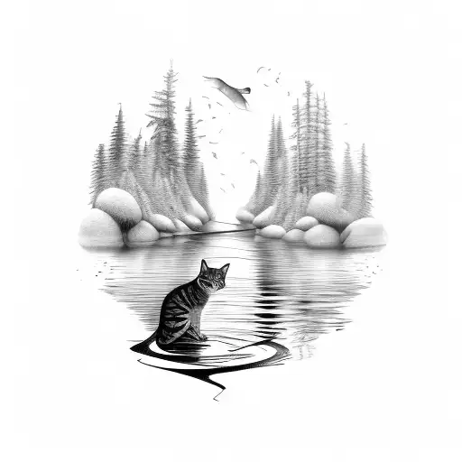 forest river, small fisherman and cat on the bank tattoo design idea