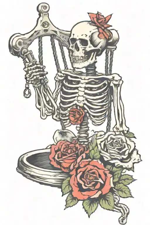 Grateful Dead Bertha skeleton and roses using a rope to ring the Liberty bell above tattoo design idea