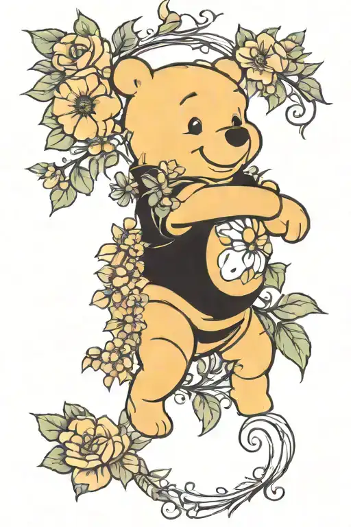 flowers with Winnie The Pooh tattoo design idea
