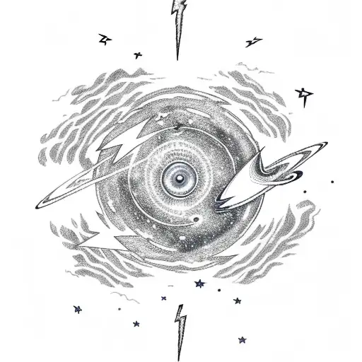 thunder cloud with lightning bolt with a space scene inside of it with planets and stars  tattoo design idea