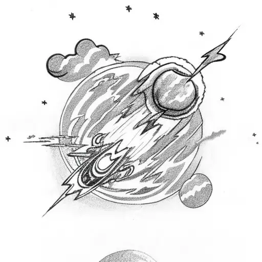 thunder cloud with lightning bolt with a space scene inside of it with planets and stars  tattoo design idea