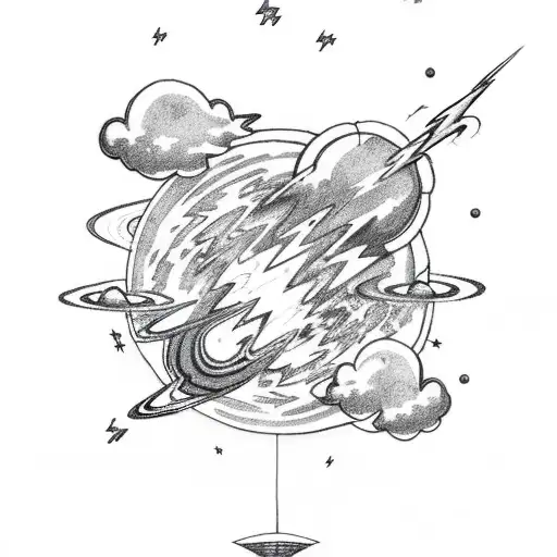 thunder cloud with lightning bolt with a space scene inside of it with planets and stars  tattoo design idea